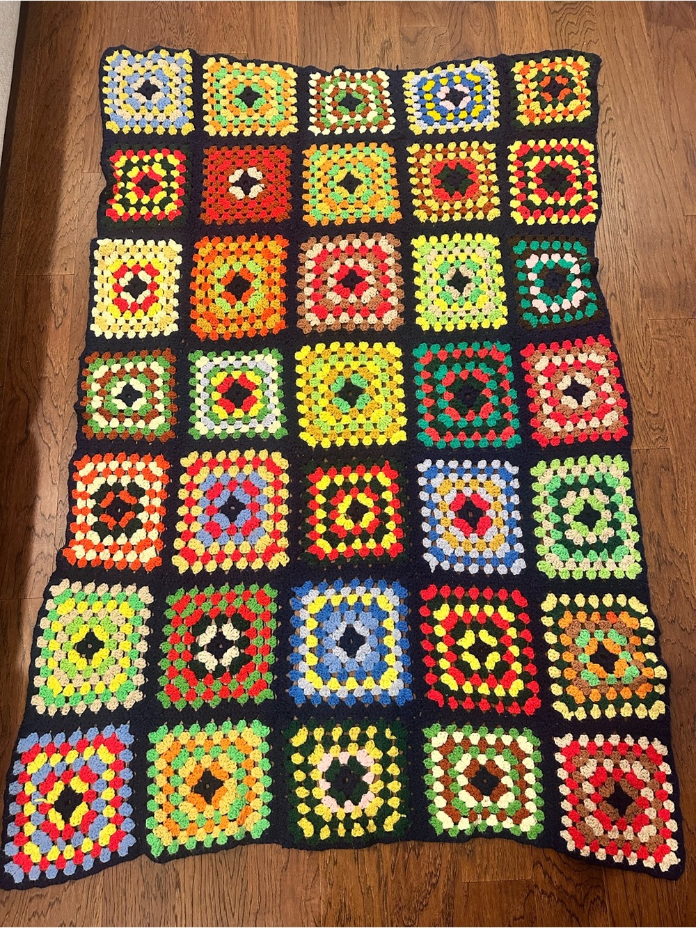 Vintage Handmade Crochet Granny Square Blanket - Multicolor - approx 4ft x 6ft